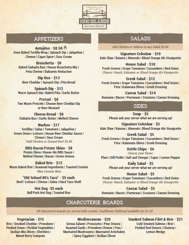Food Menu 1000 Island Brewing Company