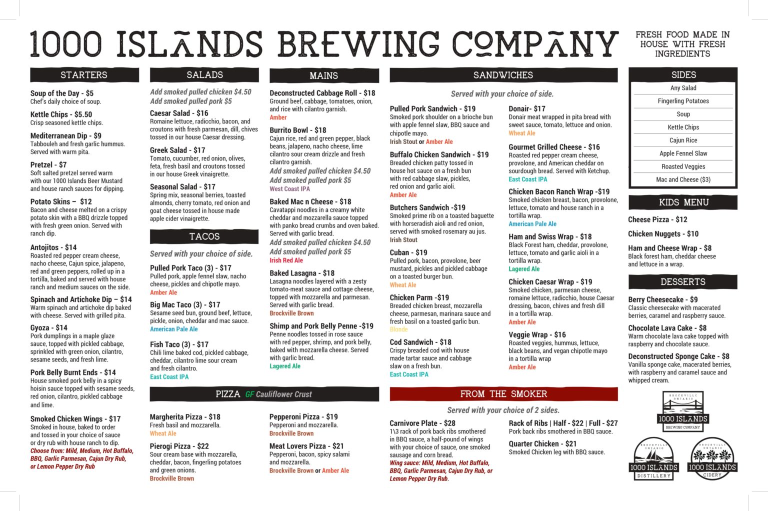 Food Menu 1000 Island Brewing Company